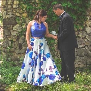 RACHEL ALLAN Blue Floral Prom Dress